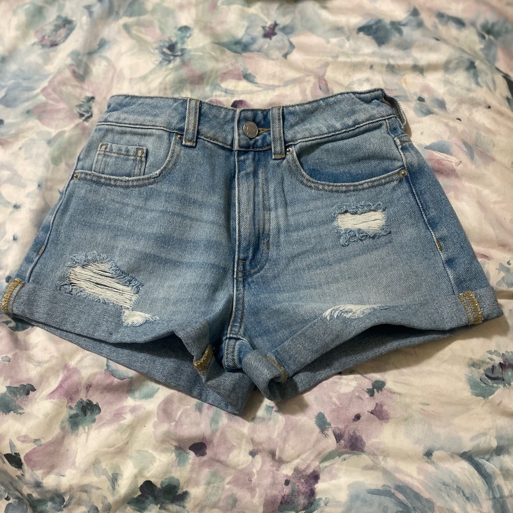 Light Blue Ripped Denim Mom Shorts